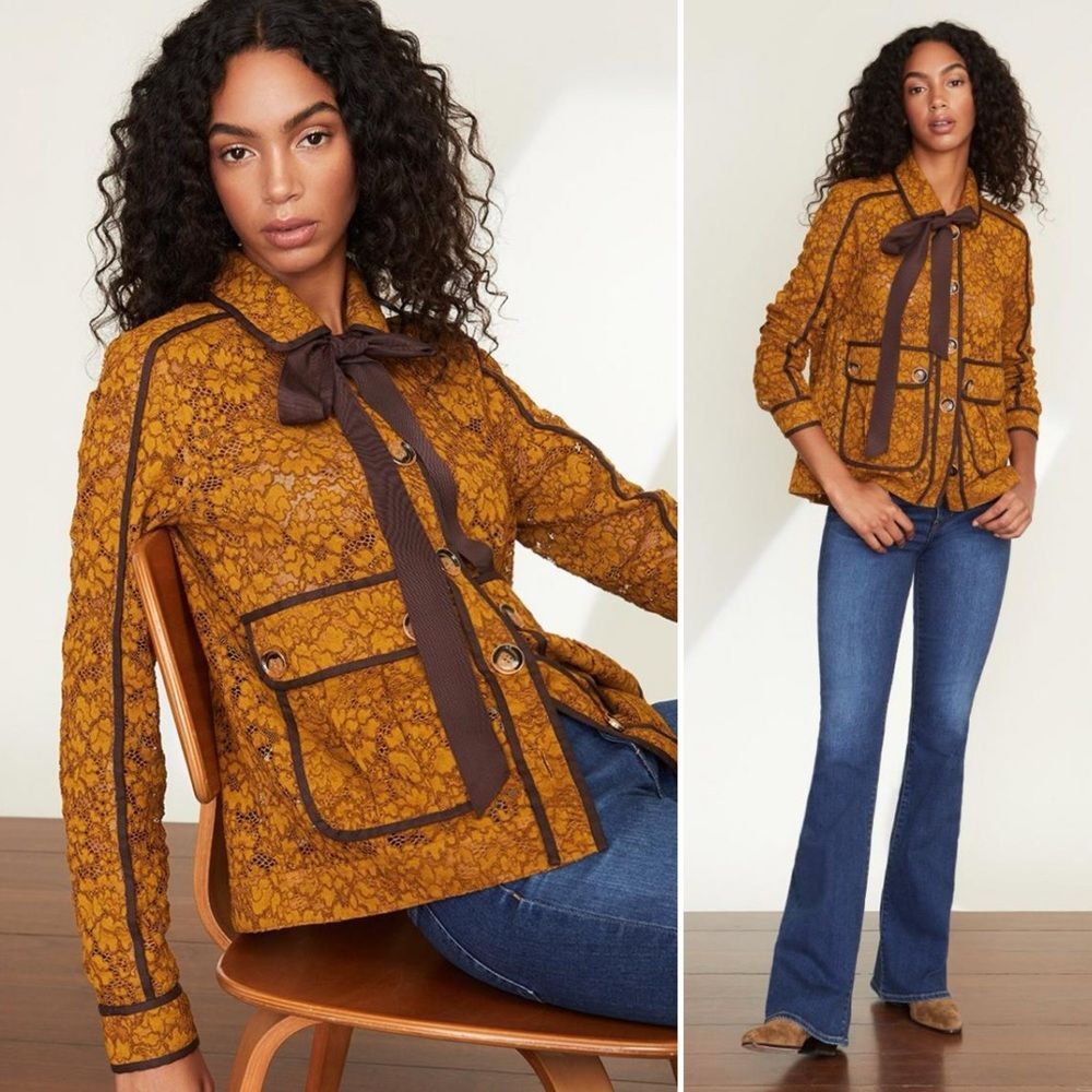 Veronica Beard Mustard Floral Lace-Print Bow-Tie Blazer with Brown Trim